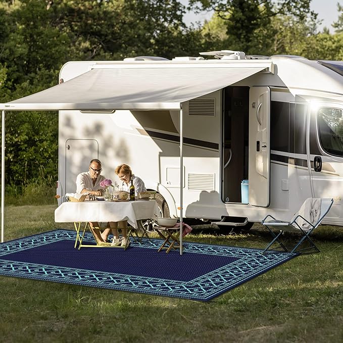 GENIMO Outdoor Rug Waterproof 5'x8' for Patio, Foldable Reversible Plastic Straw Carpet for Travel Trailers, Outside Area Mat for Rv, Deck, Picnic, Porch, Balcony, Beach, Navy Blue & Jade Green-HomvellaHome