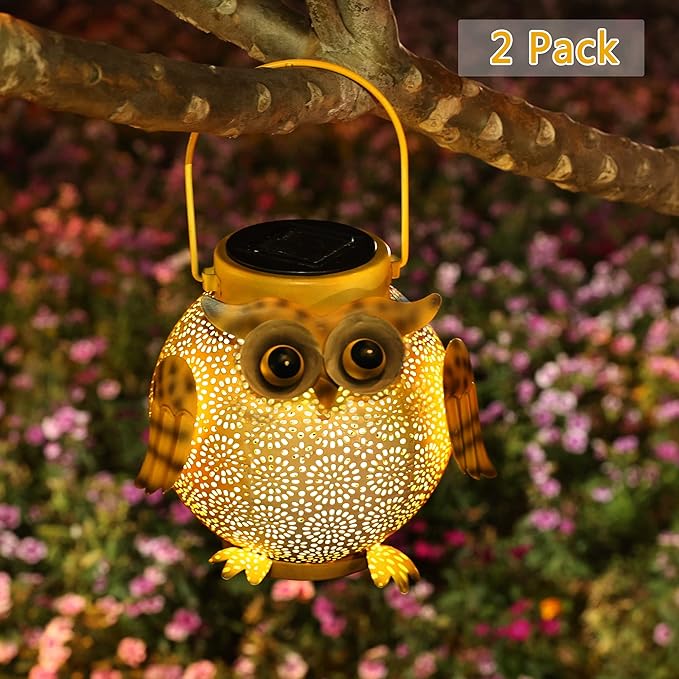 2 Pack Hanging Solar Lanterns - Garden Light Waterproof Metal Decorative Solar Lantern Lights Outdoor for Patio Yard Table Pathway with Owl Pattern-HomvellaHome