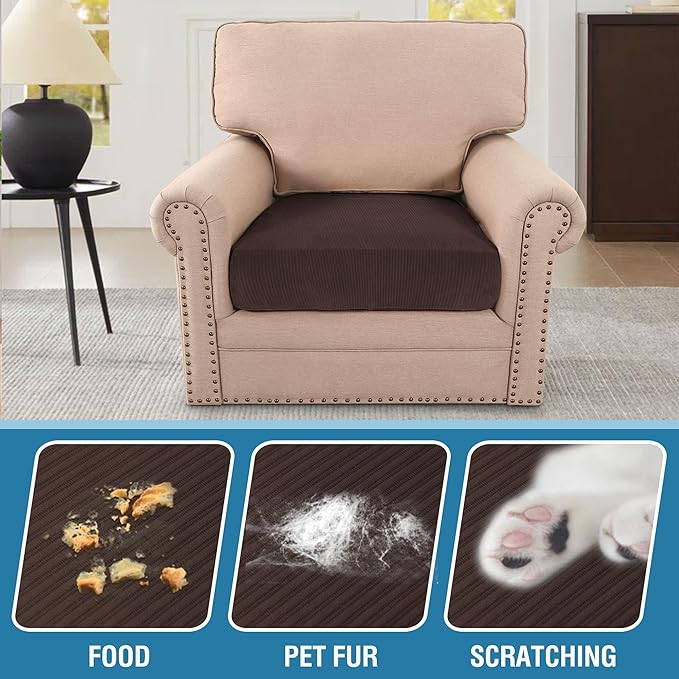 H.VERSAILTEX Velvet Stretch Couch Cushion Cover Plush Cushion Slipcover for Chair Cushion Furniture Protector Seat Cushion Sofa Cover (1 Piece Armchair Cushion Covers, Brown Striped)-HomvellaHome