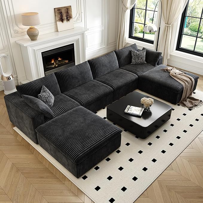 157.5" Cloud Couch Oversized Modular Sectional Sofa for Living Room,Modern Sofa with Deep Seat，U-Shape Boneless Couch with 2 Ottoman,Comfy Upholstered Couches for Apartment, Studio, Office,Black-HomvellaHome