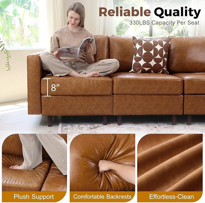 118.5" Faux Leather Modular Sectional Sofa, Modern Large 8 Seater U Shaped Couch with Storage Seat with Reversible Chaise Deep Seat for Living Room DIY Combination - Brown-HomvellaHome