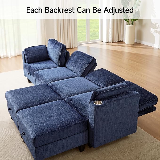 110" Modular Sectional Sofa, Convertible Sleeper Sofa Couch Bed with Adjustable Backrest, U-Shaped Chenille Cloud Couch with Ottoman Storage, Deep Seat Couches for Living Room,Blue-HomvellaHome