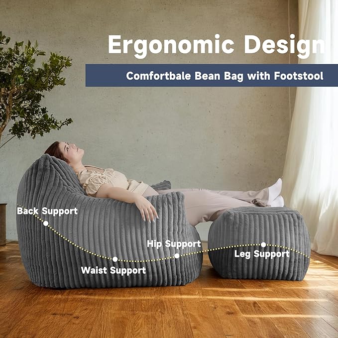 Giant Bean Bag Chairs for Adults, Oversized Chaise Lounge Chair Indoor with Memory Foam - Plush Boneless Lounger & Ottoman for Bedroom, Living Room, Gaming & Reading, Lazy Floor Sofa Chair, Gray-HomvellaHome