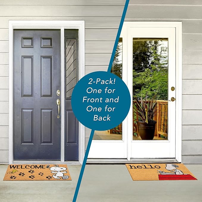 Gertmenian Peanuts Snoopy Coir Doormat - 2x3 Welcome Mat (2-Pack), Ideal for High Traffic Areas in Front Door, Garage, Entryway - Welcome, 80022-HomvellaHome