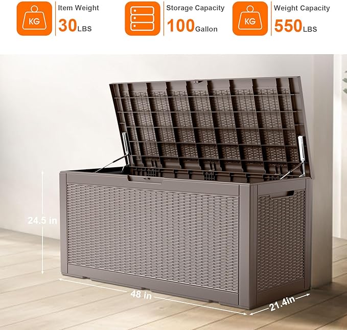100 Gallon Resin Deck Box, Lockable Patio Outdoor Storage Box for Furniture, Garden Tools and Tools Storage, Waterproof Outside Storage Boxes - Grey-HomvellaHome