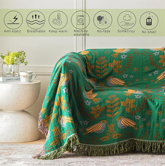 Green Summer Blanket 60''x 80'' Boho Throw Blankets for Couch Bed Chair,100% Cotton Quilts Christmas Warm Soft Blanket Muslin Bed Blankets Farmhouse Decoration-HomvellaHome