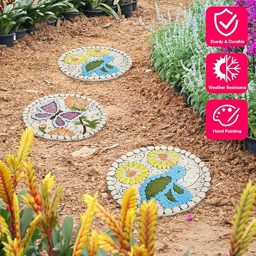 Garden Stepping Stones Set of 2 Butterfly Outdoor Garden Decor 10 inch Round Decorative Stones Pavers for Garden Walkway Landscaping, Hummingbird Gifts (N6-YYD334)-HomvellaHome