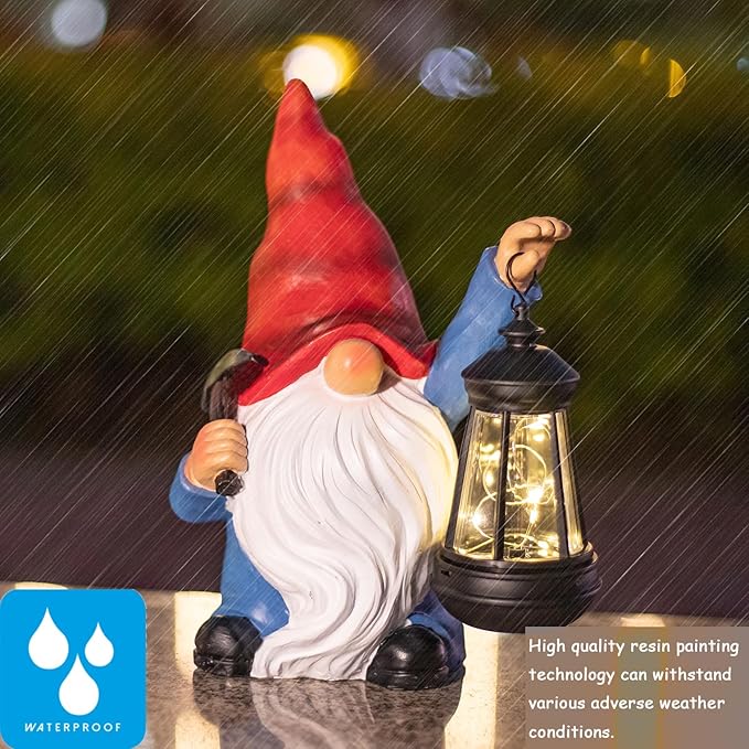 Garden Gnome Statue Solar Light Outdoor Decorations Figurine with Lantern Led Shovel Sculpture Lawn Patio Yard Porch Outside Christmas Housewarming Gifts for Women Mother's Day Grandma-HomvellaHome