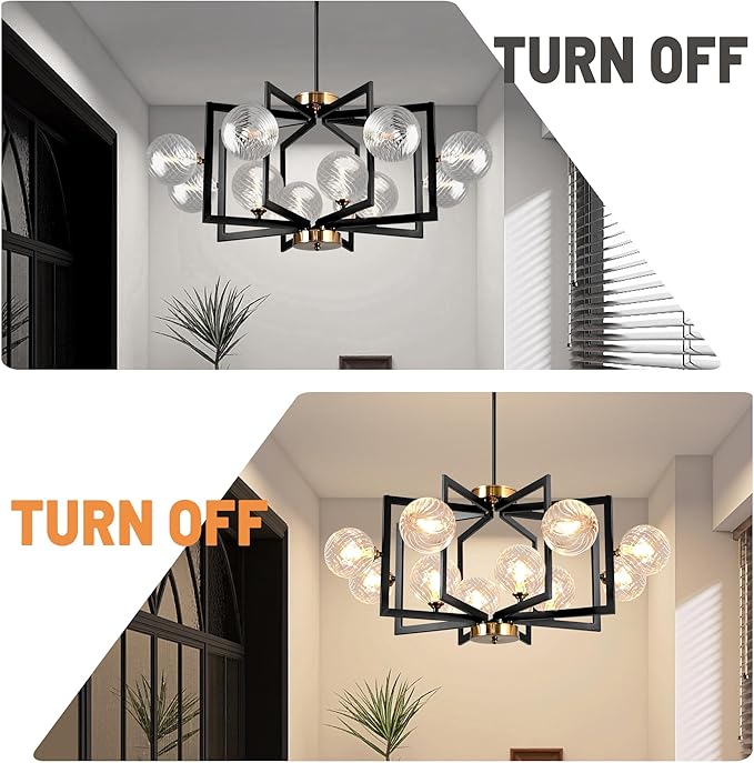 12 Light Black Farmhouse Chandelier Geometric Metal Dining Room Light Fixture Height Adjustable Black Chandeliers for Dining Room Clear Glass Farmhouse Industrial Pendant Lights for Bedroom, Entryway-HomvellaHome