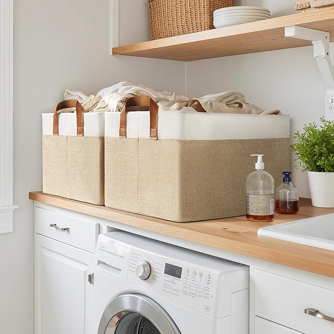 GRANNY SAYS Storage Baskets for Shelves, Closet Organizer Bins, Clothes Storage Bins with Metal Frame, Extra Large Baskets for Organizing and Storage, Collapsible, Khaki, 2-Pack-HomvellaHome