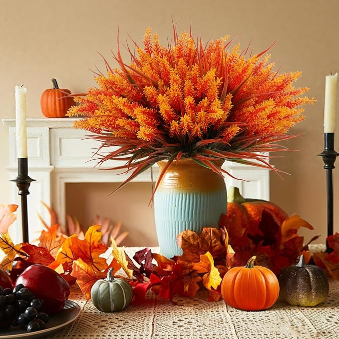 Geegoods 24 Bundles Artificial Fall Flowers Outdoor – Faux Lavender Flowers with Monkey Grass UV Resistant Plastic Faux Plants for Garden Porch Patio Home Decor, Autumn-Orange Color-HomvellaHome