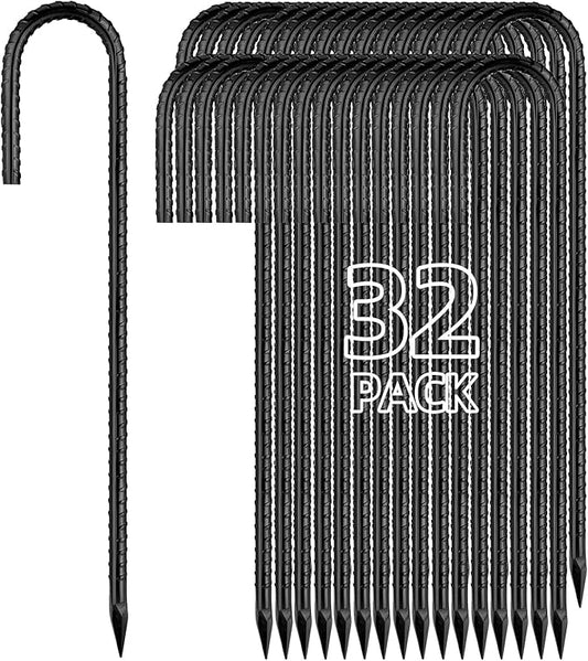 12 Inch Rebar Stakes J Hook Ground Stakes 32-Pack Heavy Duty Galvanized Chain Link Fence Stakes Metal Tent Stakes for Outdoor Lawn Decorations Inflatables Canopy Swing Set-HomvellaHome