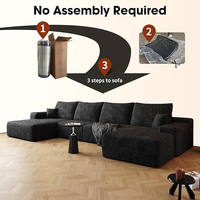 136" Sectional Couches for Living Room Modern Modular Sofa with L-Shape Couchs Upholstered Boneless Couch Deep Seat Sectional Couch with Chaise (Black, Left Facing Chaise+3Seaters+Ottoman)-HomvellaHome