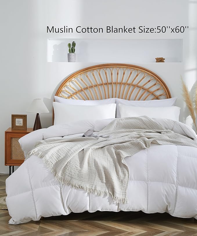 100% Cotton Muslin Throw Blanket for Bed, Couch, Small, Decorative, Soft, Pre-Washed, Breathable and Lightweight Gauze Blanket with Fringes, Suitable for All Seasons, Linen Grey, 50"x60"-HomvellaHome