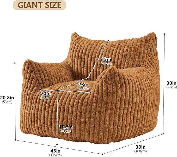 Giant Bean Bag Chairs for Adults Teens, Large Bean Bag Sofa Chairs with Filling Comfy Fuzzy BeanBag Chair with Armrests for Bedroom Living Room Reading (Brown, Large)-HomvellaHome