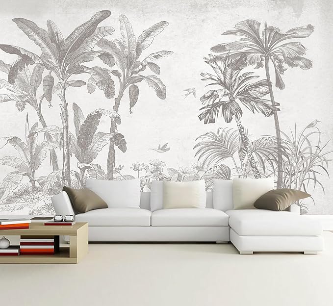 Gray Jungle Landscape Wallpaper Mural Tropical Banana Leaf Wall Mural (Not Peel and Stick)-HomvellaHome