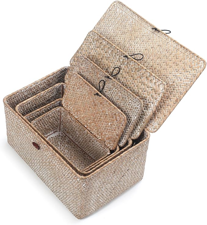 Wicker Basket with Lid, Seagrass Storage Basket, Woven Decorative Storage Baskets for Shelf Organizing, Whitewash-HomvellaHome