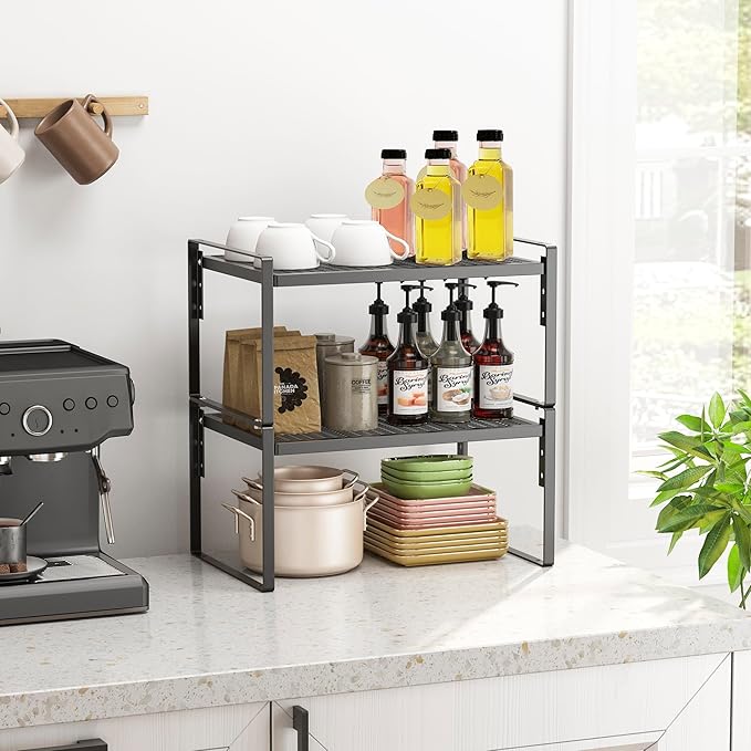 2 Pack Kitchen Countertop Organizer, Stackable Cabinet Shelf Organizer, 2 Tier Adjustable Kitchen Counter Shelves Riser For Pantry Cupboard Bathroom Organization And Storage, Desk Shelf,Spice Rack-HomvellaHome