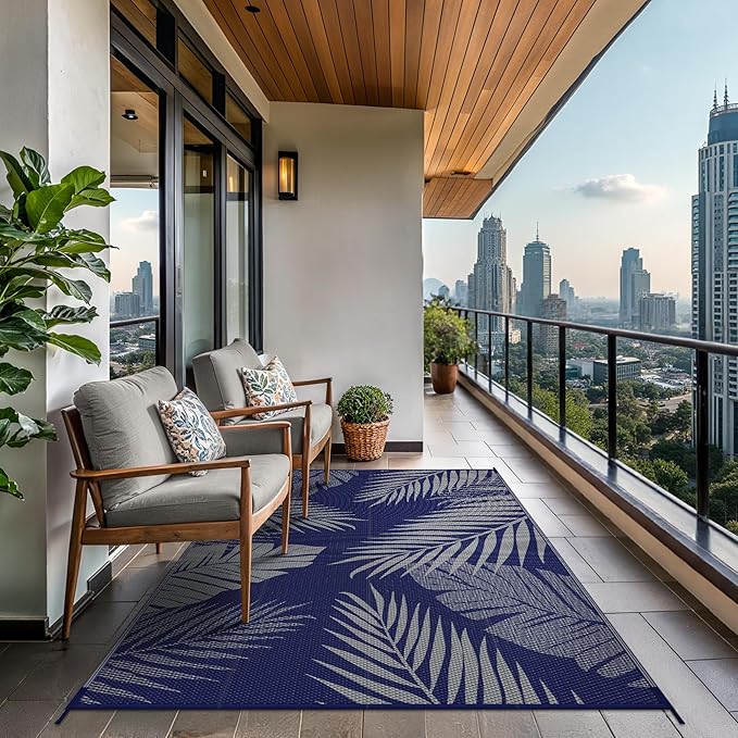 GENIMO Outdoor Rug 4' x 6' Waterproof for Patios Clearance, Reversible Outdoor Plastic Straw Camping Rug Carpet, Large Area Rugs Mats for RV, Camper, Deck, Balcony, Porch, Beach, Picnic Navy Blue&Grey-HomvellaHome