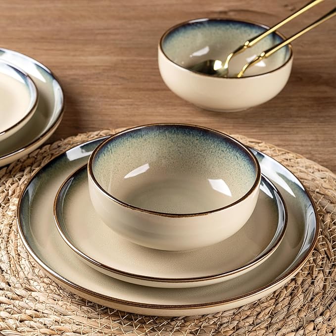 GBHOME Ceramic Dinnerware Sets for 4, 12 Pieces Stoneware Plates and Bowls Sets, Scratch Resistant Dishes, Dishwasher & Microwave Safe, Reactive Glaze-Gravel-HomvellaHome