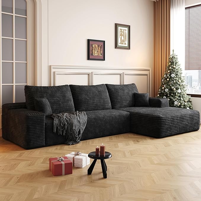 108" Sectional Couches for Living Room Modern Modular Sofa with L-Shape Couchs Upholstered Boneless Couch Deep Seat Sectional Couch with Chaise (Black, Right Facing Chaise+2Seaters)-HomvellaHome