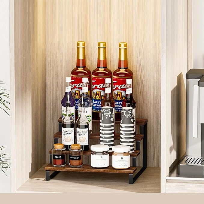 Giikin 4 Tier Spice Rack, Wooden Spice Rack for Countertop, Kitchen Counter Storage Shelves Cupcake Stand Holder Display Stand, Rustic Brown-HomvellaHome