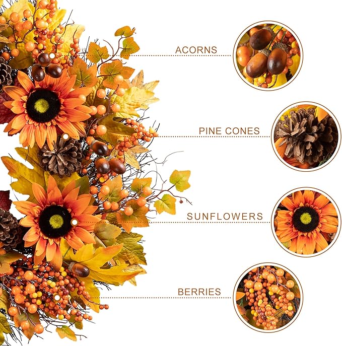 Glitzhome 24'' Fall Wreath for Front Door Decor, Artificial Autumn Orange Wreath with Sunflower, Maple Leaf and Berry Ornament for Wall Fireplace Farmhouse Thanksgiving Day Harvest Festival Decor-HomvellaHome