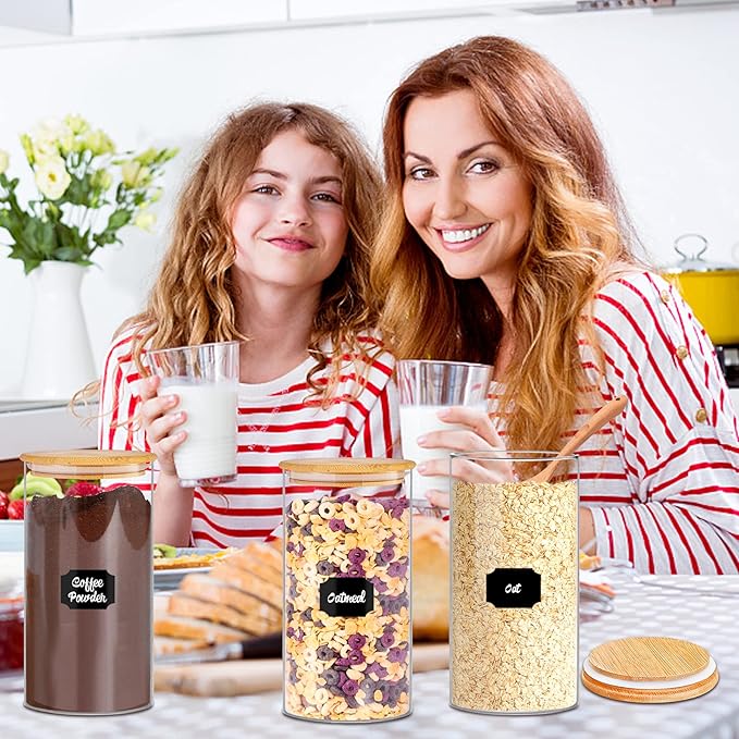 Glass Storage Jars 45 oz 4 Pcs Clear Glass Food Storage Containers with Airtight Bamboo Lid Stackable Kitchen Canisters for Candy, Cookie, Rice, Sugar, Flour, Pasta, Nuts-HomvellaHome