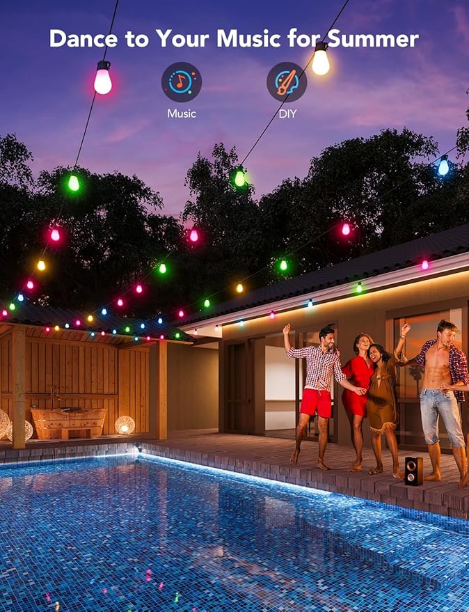 Govee Smart Outdoor String Lights H7015, 48ft RGBIC Outdoor Lights with 15 Dimmable LED Bulbs, IP65 Waterproof, Color Changing Warm White Lights with 47 Scene Modes for Patio, Backyard, App Control-HomvellaHome