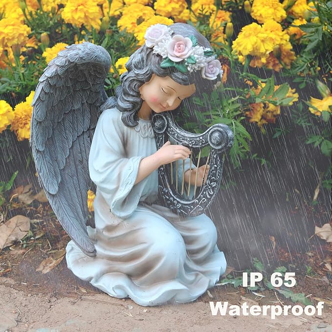 Garden Angel Decor Solar Angels Statues for Garden Waterproof Angel Sculpture Playing The Harp Solar Angels for Yard Patio Gardening Gift-HomvellaHome