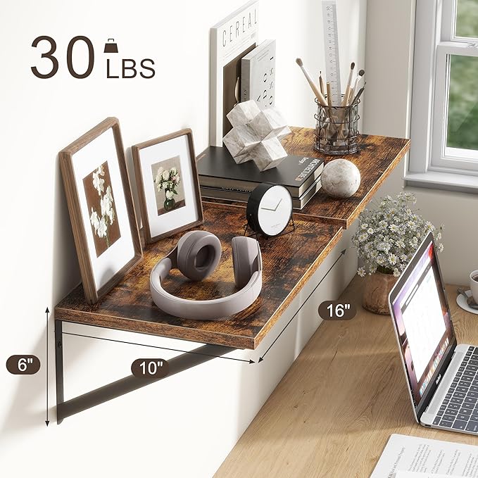 10 Inch Deep Floating Shelves, Floating Shelf 16 Inch Long, 16"W x 10"D Wall Shelves Set of 2, Deep Shelf for Books, Wide Floating Shelves for Bahtoom, Living Room, Kitchen, Rustic Brown-HomvellaHome