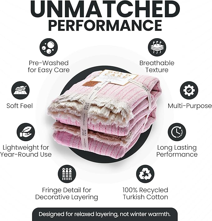 Gold Case Throw Blanket for Couch – 100% Recycled Turkish Cotton Blankets & Throws – Elegant Decorative Throw Blankets for Living Room Sofa – Woven Throws for Couch – Vintage Pink – 50x60 (Set of 2)-HomvellaHome