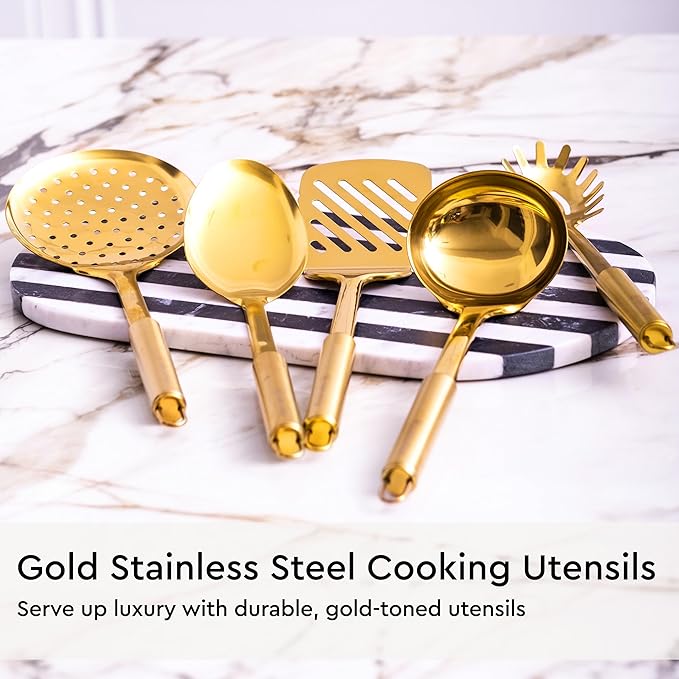 Gold Kitchen Utensils Set - 19-Piece Set Includes Stainless Steel Gold Utensils, White Silicone Tools, and Measuring Cups and Spoons - Luxury Kitchen Accessories for Modern Cooking, Serving, & Gifting-HomvellaHome