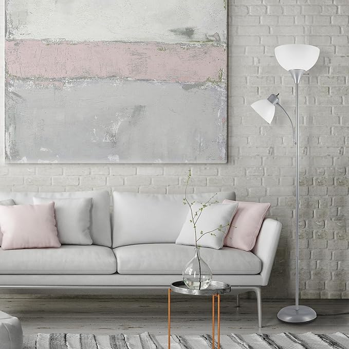 GLOBE Electric 67134 72" Torchiere Floor Lamp and Adjustable Reading Light, Silver, Frosted Shade, Dual Rotary Switch, 3-Step Dimming, Modern Lighting for Living Room or Office, Timeless-HomvellaHome