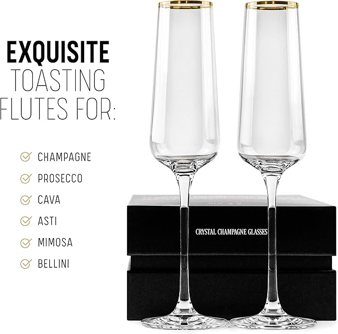 Gold Rim Champagne Gift Glasses | Set of 2 | Crystal Square Toasting Flutes for Bride and Groom, Wedding, Anniversary, Birthday | Elegant Long Stemmed Glassware for Sparkling Wine, Prosecco-HomvellaHome