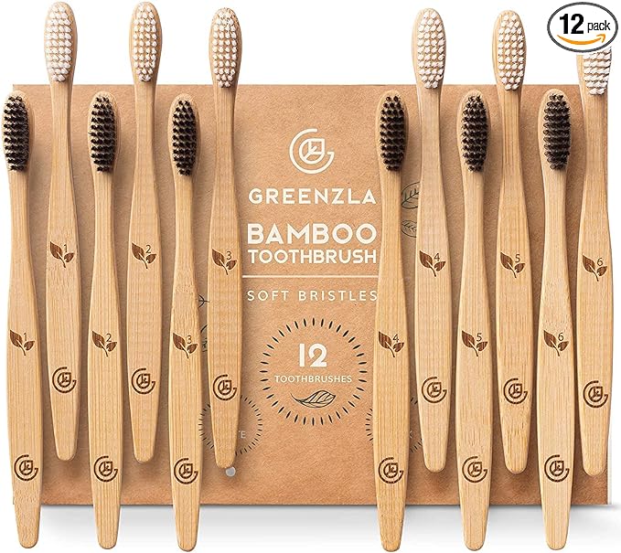 Greenzla Bamboo Toothbrushes for Adults – 12 Pack Wooden Toothbrush Set with Charcoal-Infused Soft Bristles, Natural Oral Care for Daily Use-HomvellaHome