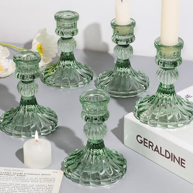 12PCS Green Candlestick Holders Set- 4" H Taper Candle Holders, Glass Candle Holders Bulk for Wedding, Party, Home Table Centerpieces, Festival Gifts & Windowsill Decor-HomvellaHome