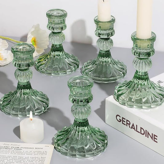 12PCS Green Candlestick Holders Set- 4" H Taper Candle Holders, Glass Candle Holders Bulk for Wedding, Party, Home Table Centerpieces, Festival Gifts & Windowsill Decor-HomvellaHome
