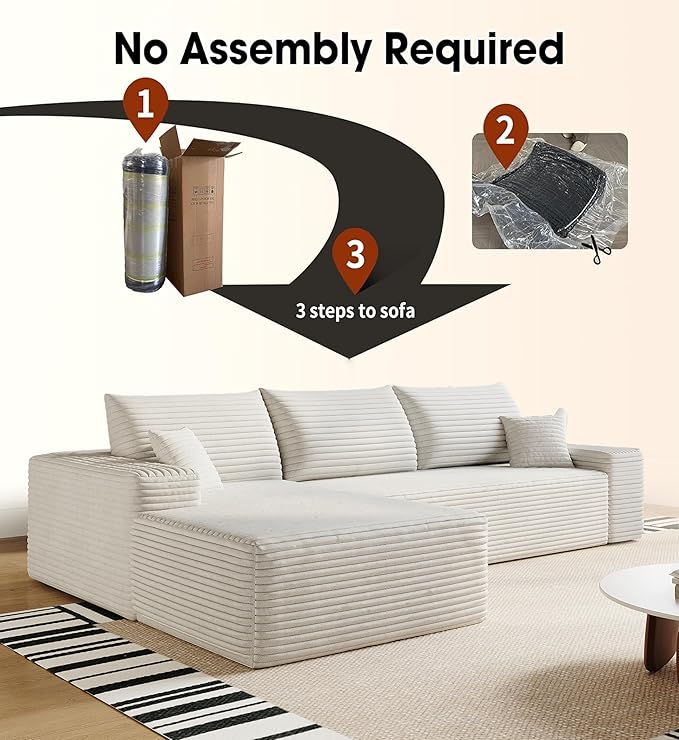 108" Sectional Couches for Living Room Modern Modular Sofa with L-Shape Couchs Upholstered Boneless Couch Deep Seat Sectional Couch with Chaise (White, Left Facing Chaise+2Seaters)-HomvellaHome