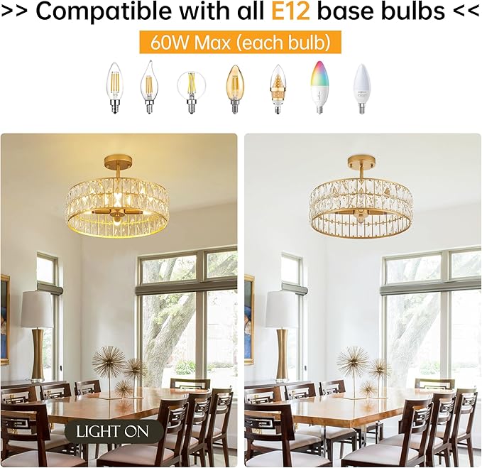 16” 4-Light Modern Crystal Chandeliers Gold Dinning Room Light Fixture, Round Pendant Light Kitchen Island Chandelier, Flush Mount Ceiling Light for Living Room Entryway Bedroom Foyer-HomvellaHome