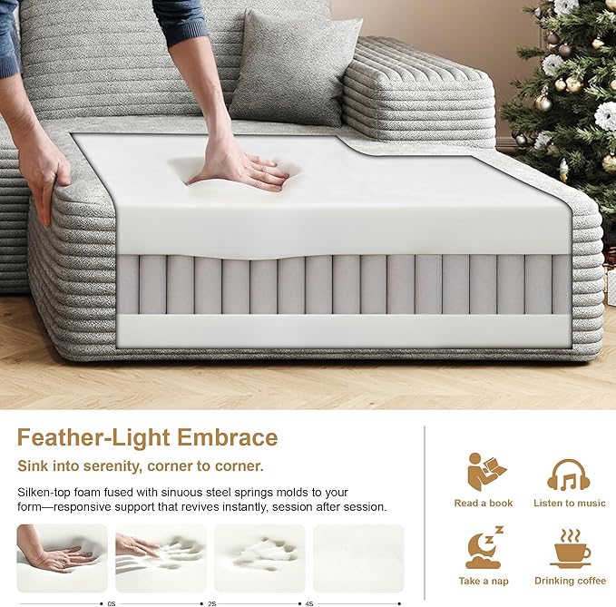 108" Sectional Couches for Living Room Modern Modular Sofa with L-Shape Couchs Upholstered Boneless Couch Deep Seat Sectional Couch with Chaise (Grey, Right Facing Chaise+2Seaters)-HomvellaHome