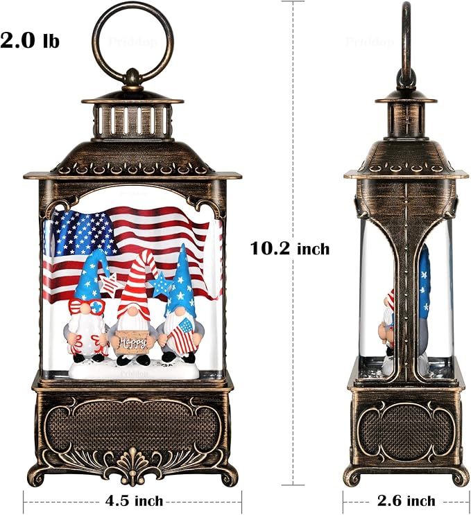 Gnome Snow Globe Lantern 4th of July Decorations with Timer, USB and Battery Powered 4th of July Shirts Patriotic Gnomes and American Flag Independence Day 10.2 inch-HomvellaHome