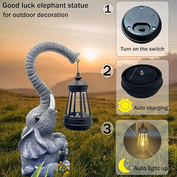 10.6 Inch Statue Elephant with Solar Outdoor Lights for Garden Decor，Lucky Present with Appeal for Birthdays(Man and Women and Family)，Unique Housewarming Presents and Yard Decor. (Gray)-HomvellaHome