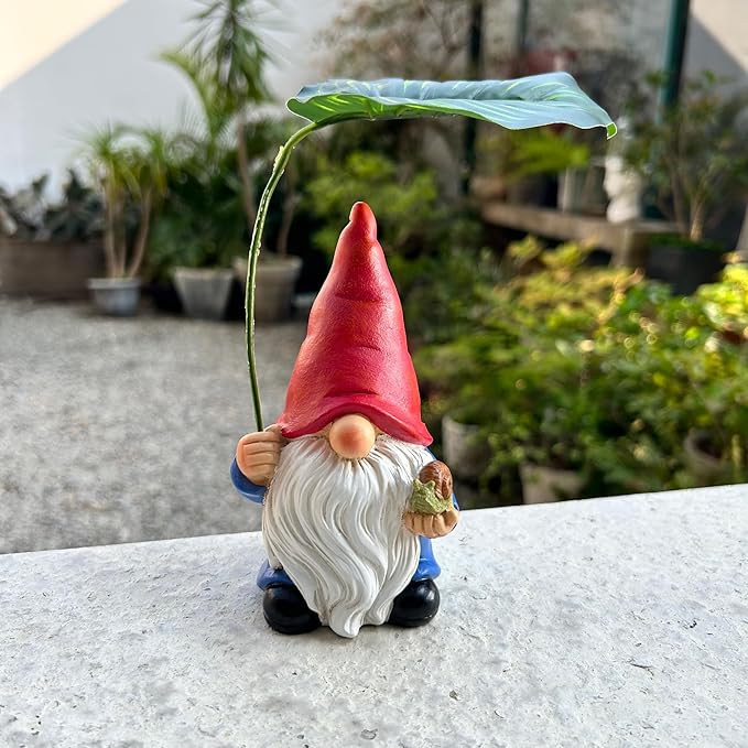 Garden Gnome Statue Decoration with Leaf Umbrella, 6.5” Figurine Ornament for Indoor Outdoor Home Patio Yard Lawn, for Gnome Lovers & Garden Enthusiasts，Mom，Women-HomvellaHome