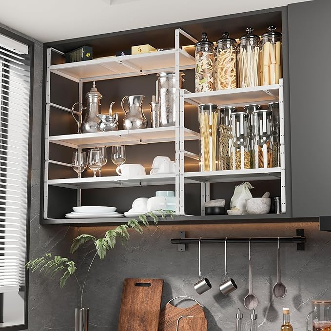 16.5~27.1" Expandable Shelf Organizer, 1Pack 10.2" Wide Stackable Cabinet Shelf Organizers, White Metal Sturdy Kitchen Counter Storage for Countertop, Adjustable Height Spice Rack-HomvellaHome