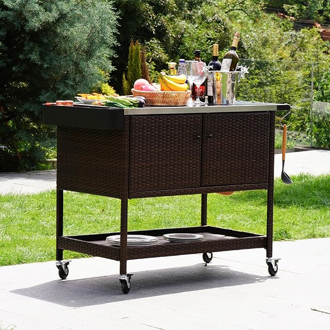 Grand patio Outdoor Wicker Bar Cart, Outdoor Bar Table with Stainless Steel Tabletop, Patio Kitchen Island Grill Cart with Storage Cabinet and 4 Hooks-HomvellaHome