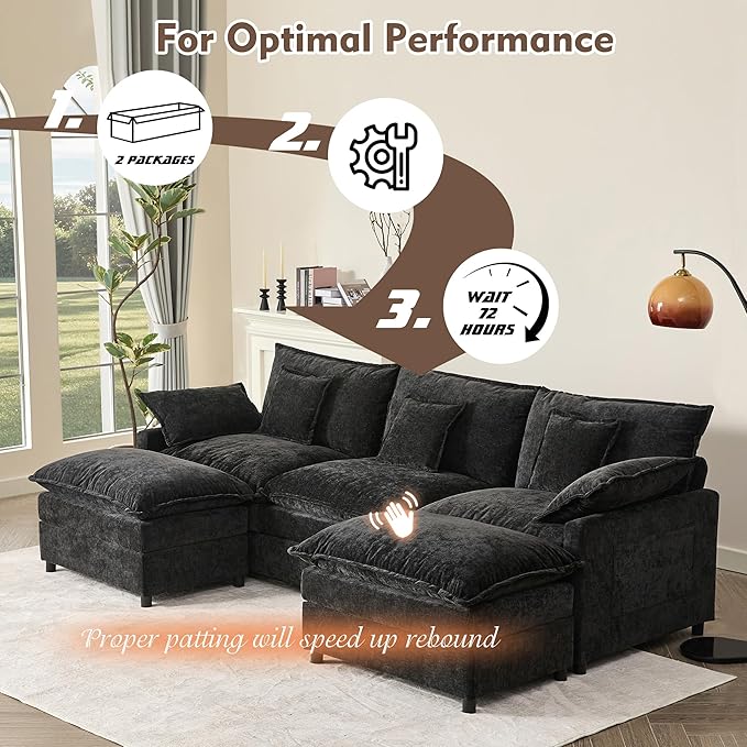 108" U Shaped Couch, Modular Sectional Sofa, 3-Seater Comfy Cloud Couch with Movable Ottoman, Deep Seat Couches for Living Room, Chenille, Black-HomvellaHome