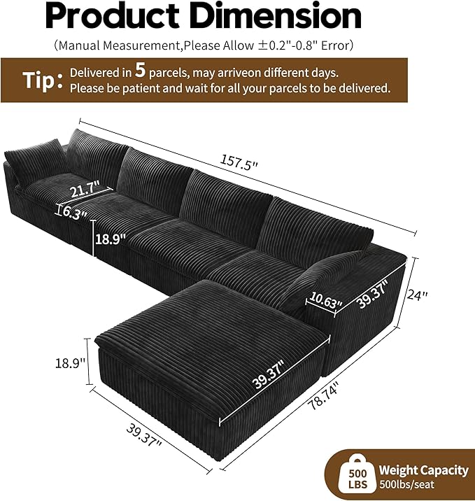 157.5" L Shaped Modern Sofa Modular Sectional Cloud Couch with Ottoman,Deep Seat Upholstered Couches with Corduroy Fabric for Living Room Furniture,Bedroom and Apartment,No Assembly Required,Black-HomvellaHome