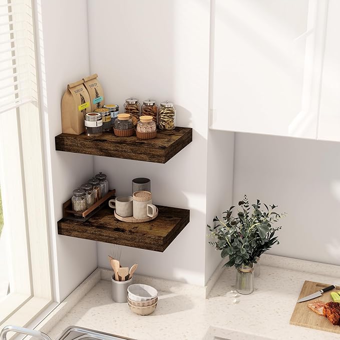 12 Inch Deep Floating Shelves, 16 x 12 Floating Shelf for Books, Rustic Wood Deep Wall Shelves for Home Storage & Display, 2" Thicked Shelves for Kitchen, Living Room, Bedroom, Rustic Brown, 2 Pack-HomvellaHome
