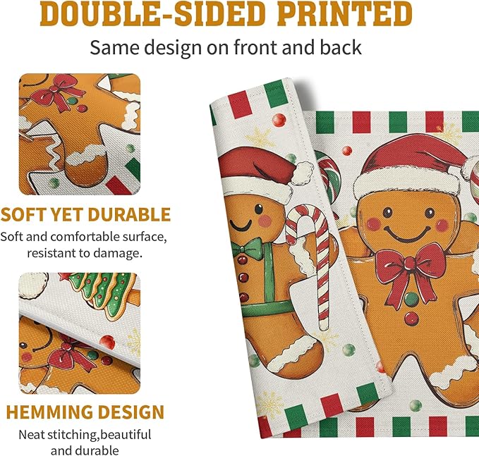 Gingerbread Man Christmas Placemats Set of 4 Candy Cane Xmas Seasonal Holiday Linen Table Mats Red Green Orange Winter Washable Place Mats for Party Kitchen Dining Outdoor Indoor Decor-HomvellaHome